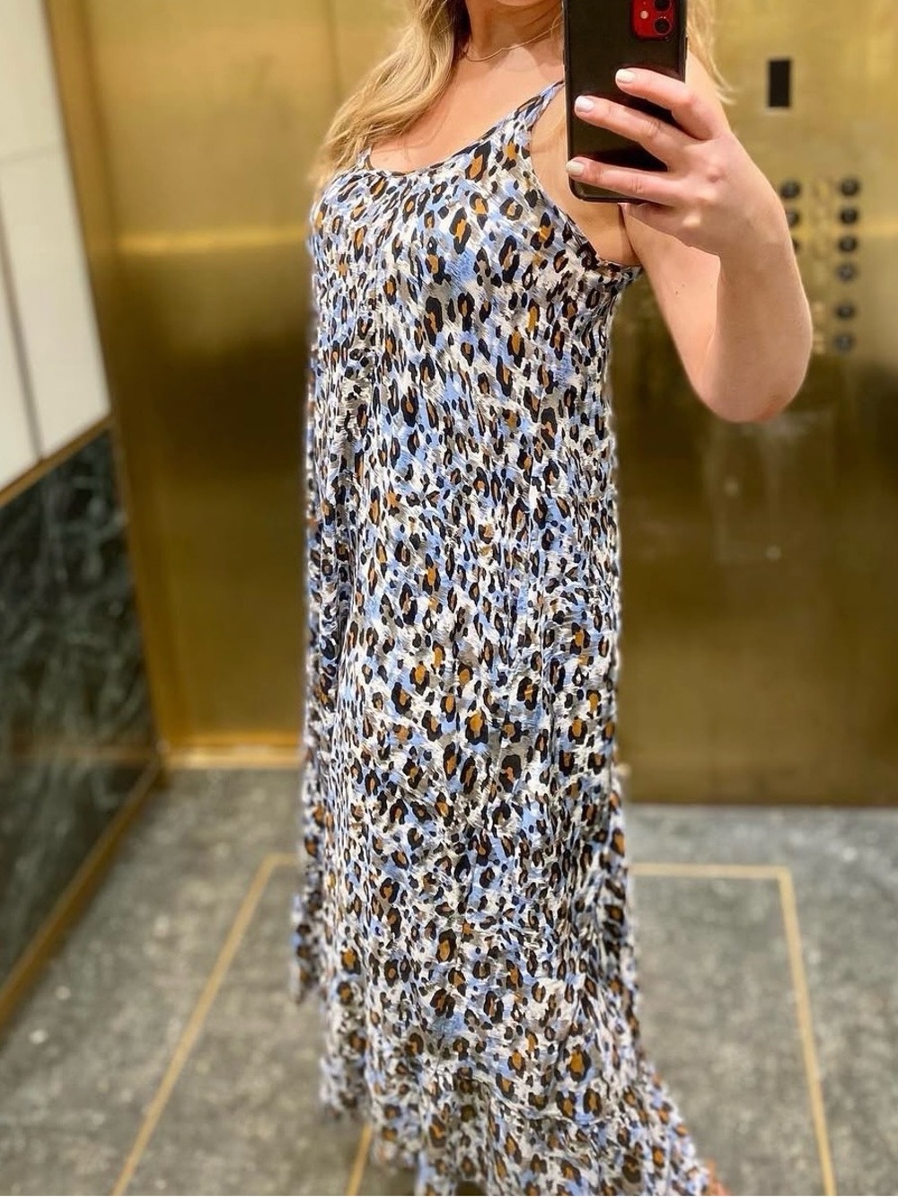 Buenos Ninos Sleeveless Blue Brown Leopard Print Maxi Dress, Excellent Condition